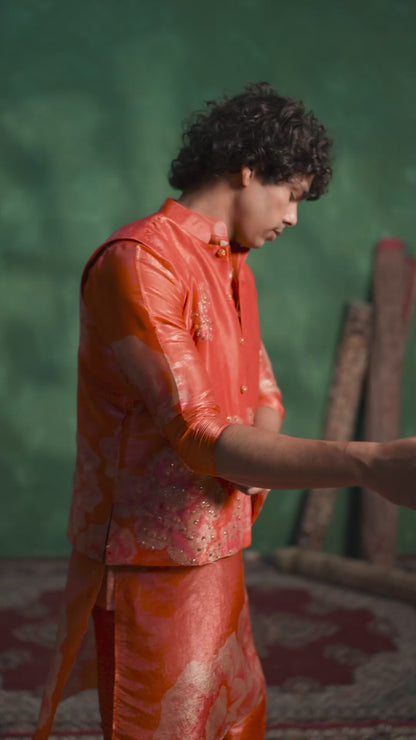 Crimson Red Designer Kurta Pajama Paired with Floral Nehru Jacket