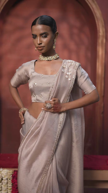 Pearl Grey Stitched Tissue Saree