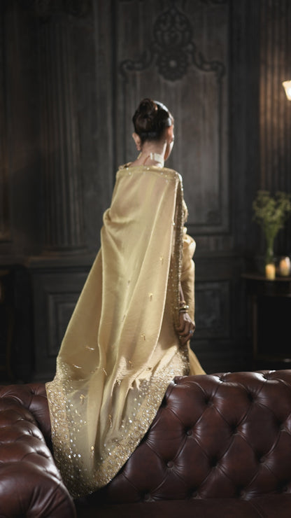 Embellished Gold Saree with Scalloped Border and V-Neck Blouse