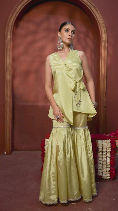 Lime Dusk Indo-Western Angrakha V-Neck Sharara Set