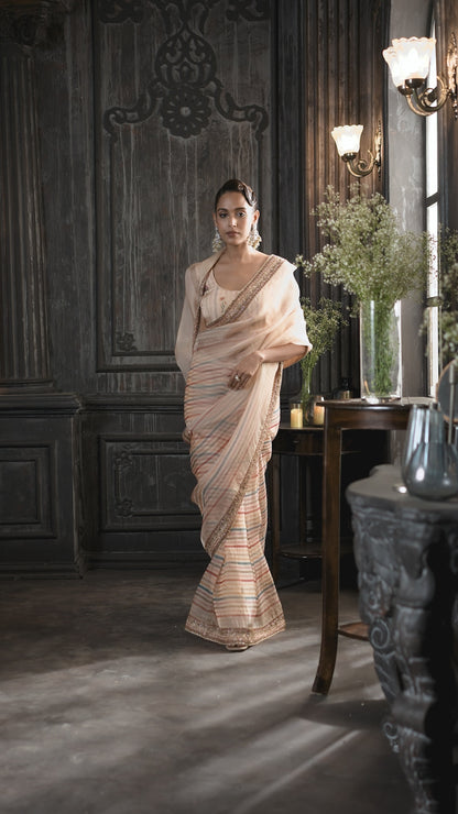 Peach Embroidered Striped Saree with Matching Collared Crop Jacket