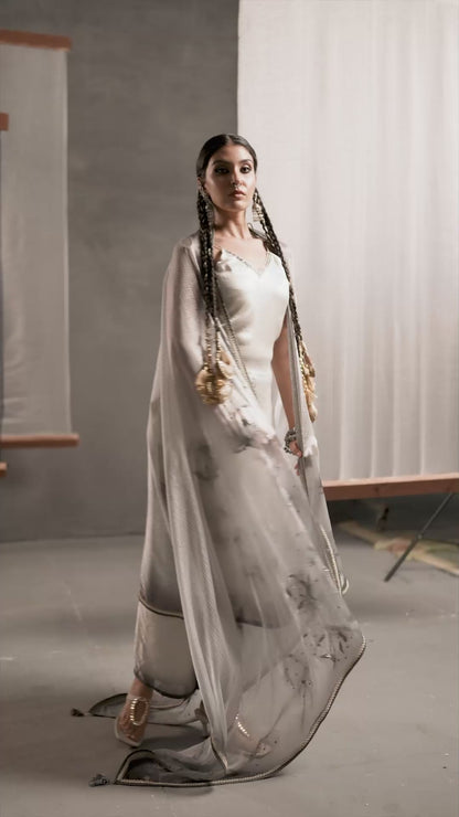 Monochrome Designer Strap Suit with Dupatta Ash White - Floral Shadow Print