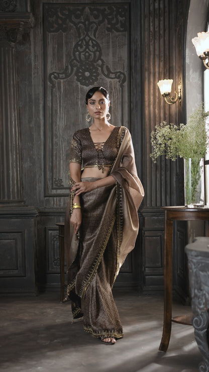 Metallic Embellished Coffee Saree with Intricate Zari Border and heavy sleeve Detailed Blouse