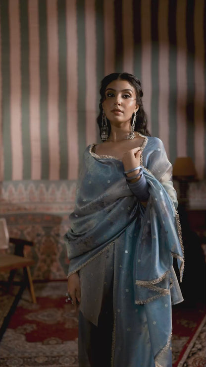 Dusky Blue Banarasi Crush Plazzo Set