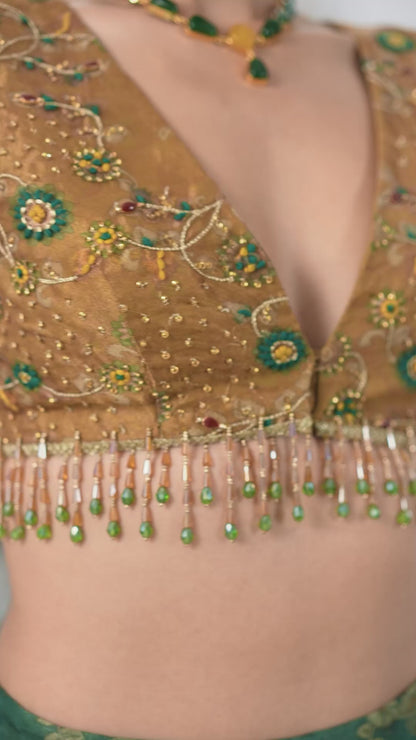 Mustard Yellow Embellished V-Neck Crop Top with Teal Floral Printed Lehenga