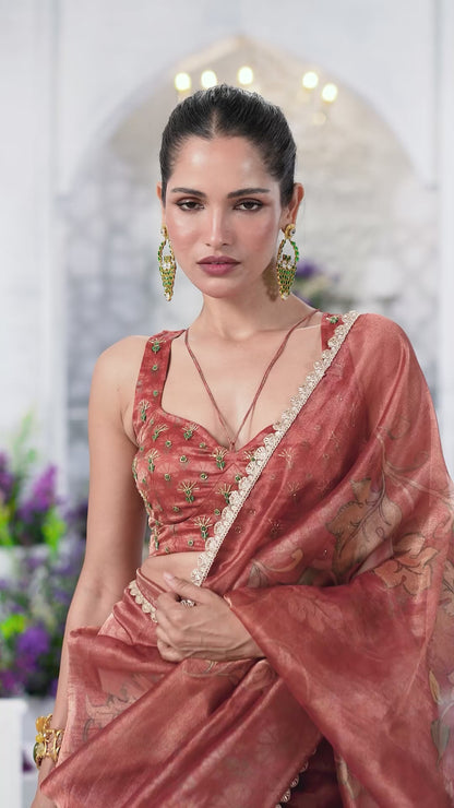 Printed Floral Rust Organza Saree with Embellished Blouse