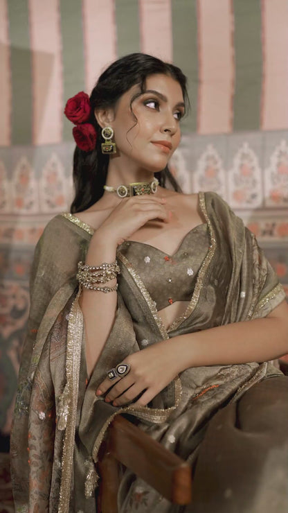 Antique Swarna Banarasi Zari Booti Saree - Bronze