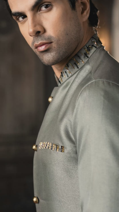Metallic Grey Embroidered Jodhpuri Sherwani with Black Formal Trousers