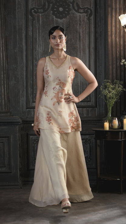Floral Printed Beige Sleeveless Peplum Tunic with Flared Palazzos