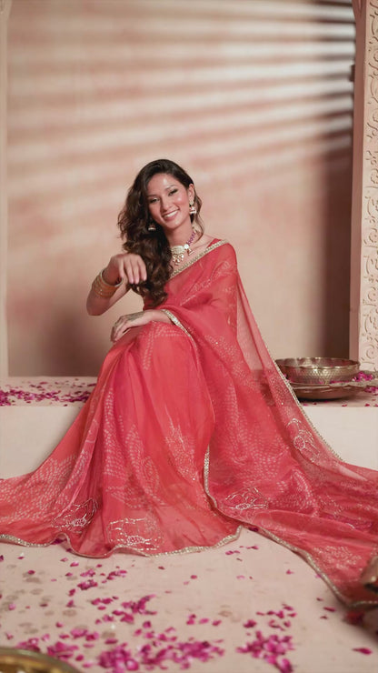 Berry Red Bandhani Mirror Tissue Saree