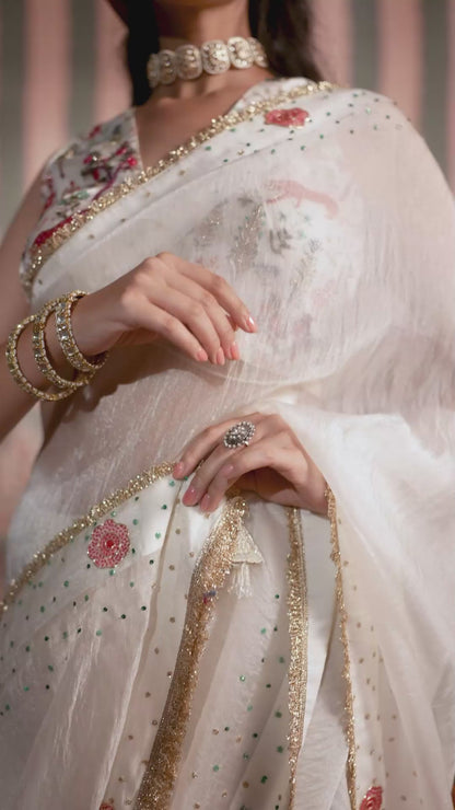 Diamond Dust Pearl Matic Tissue Saree - White