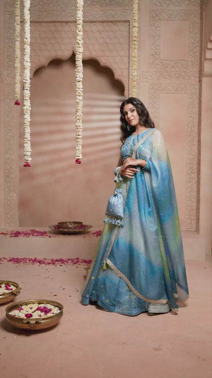 Neel Rang Bandhani Mirror Kali Lehenga