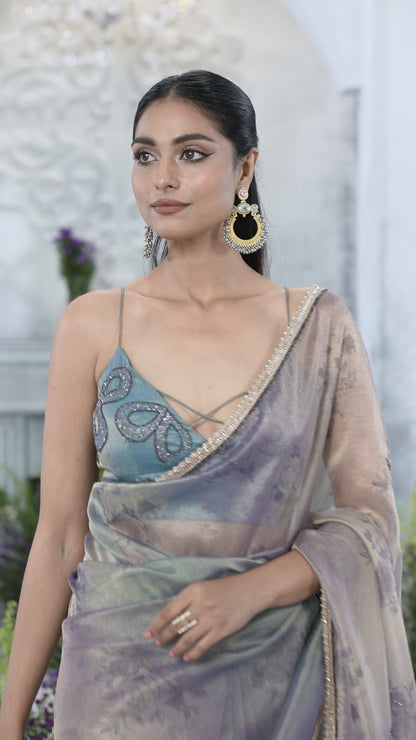 Lavender spray concept Floral Printed Saree with hand Embroidered Blouse