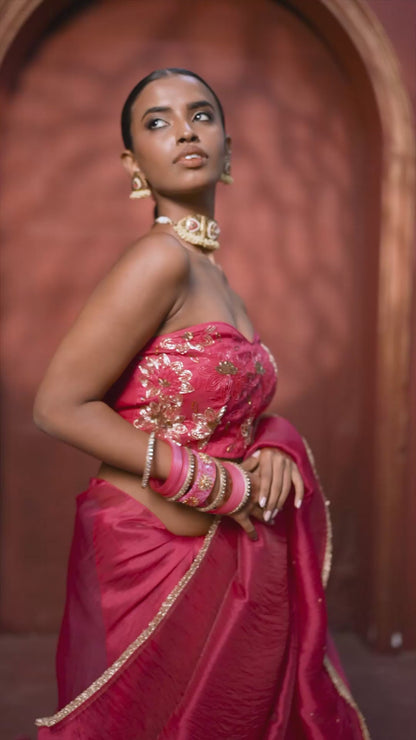 Cherry Bloom Red Satin Silk Organza Saree