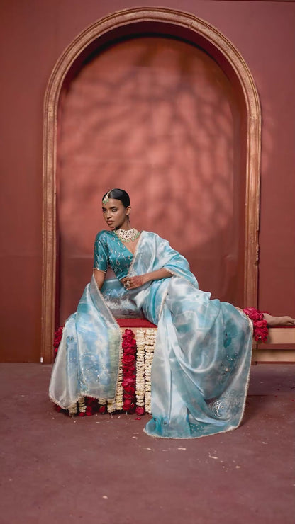 Aqua Blue Bloom Satin Organza Silk Saree