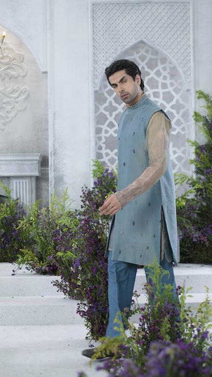 Embroidered Powder Blue Jacket Men's Long Kurta with Sheer Sleeves and Trousers
